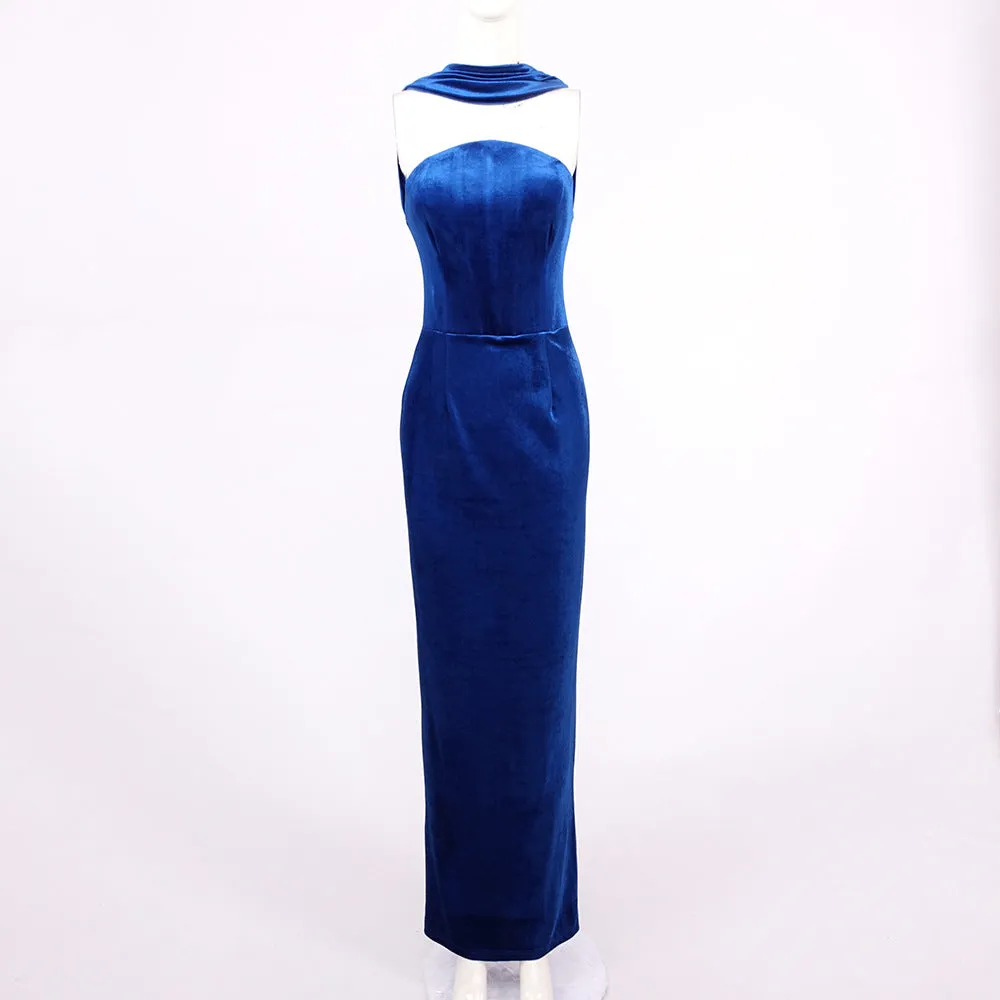 Sexy Halter Blue Tube Top Velvet Backless Evening Dress