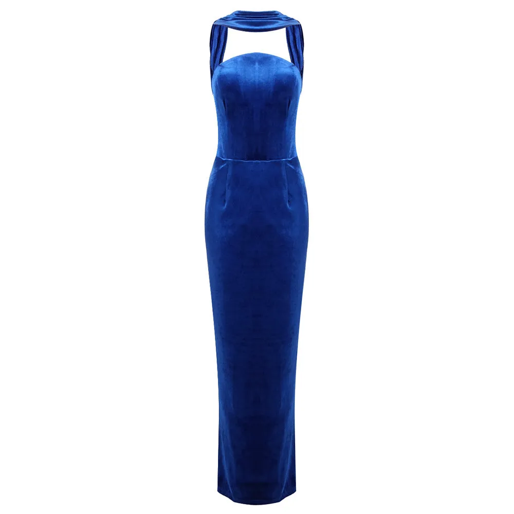 Sexy Halter Blue Tube Top Velvet Backless Evening Dress