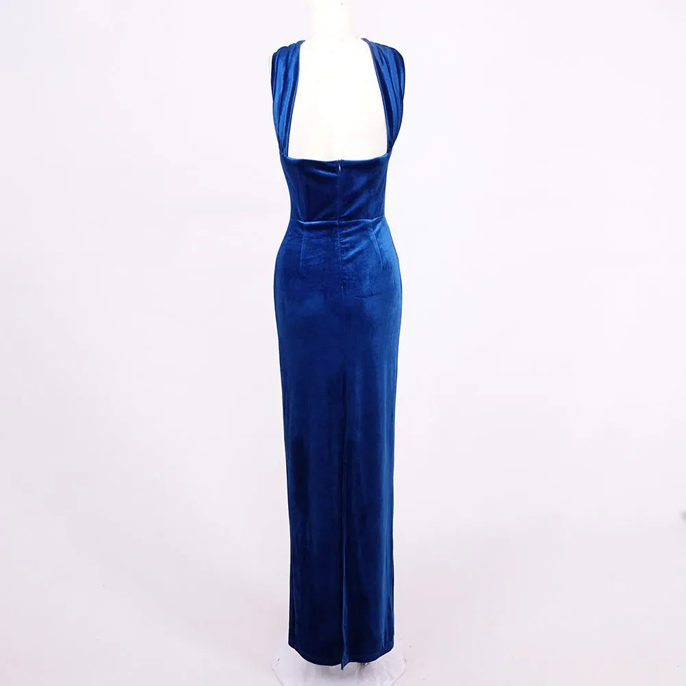 Sexy Halter Blue Tube Top Velvet Backless Evening Dress