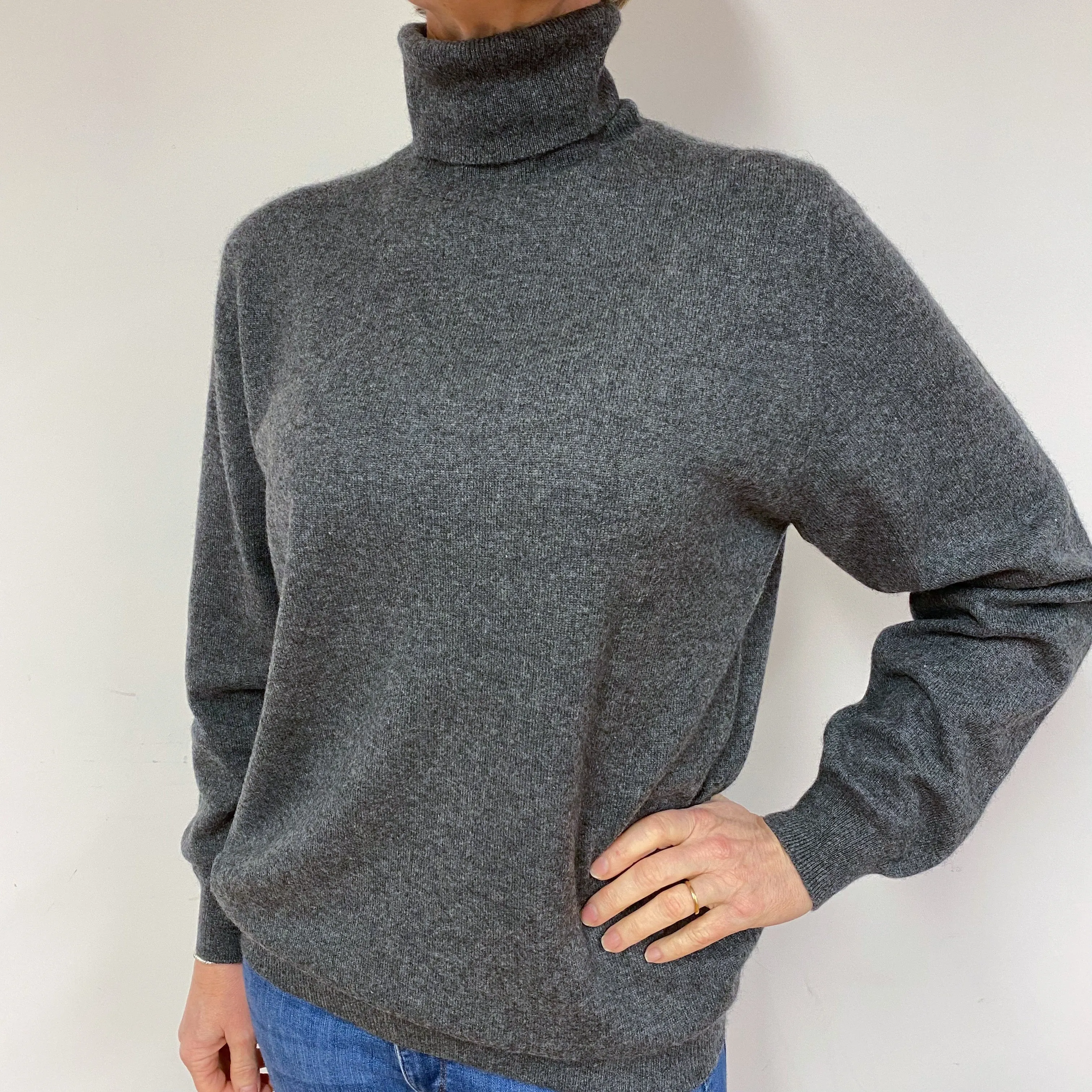 Slouchy Slate Grey Cashmere Polo Neck Jumper Medium