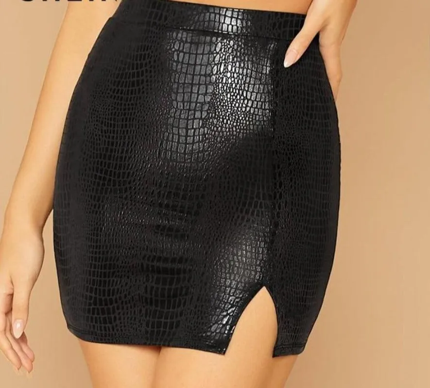 Split Side Snake Embossed High Waist Bodycon Skirt