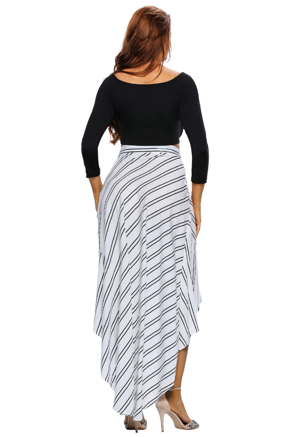 Stripe Print Asymmetrical Wrapped White Maxi Skirt