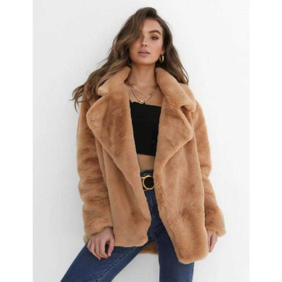 Turn Down Collar Soft Fur Coat