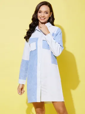 Women's Denim Shirt Dress With Patchwork Detail - StyleStone