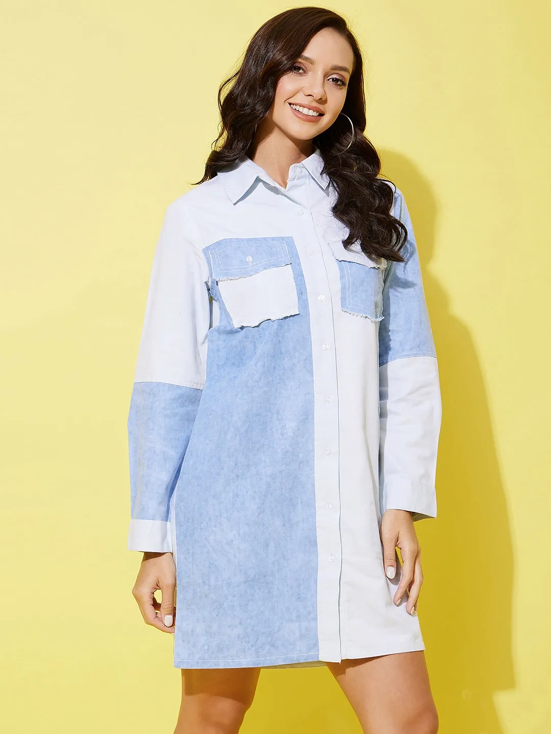 Women's Denim Shirt Dress With Patchwork Detail - StyleStone