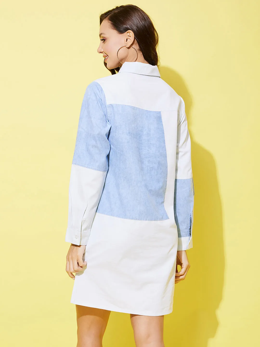 Women's Denim Shirt Dress With Patchwork Detail - StyleStone