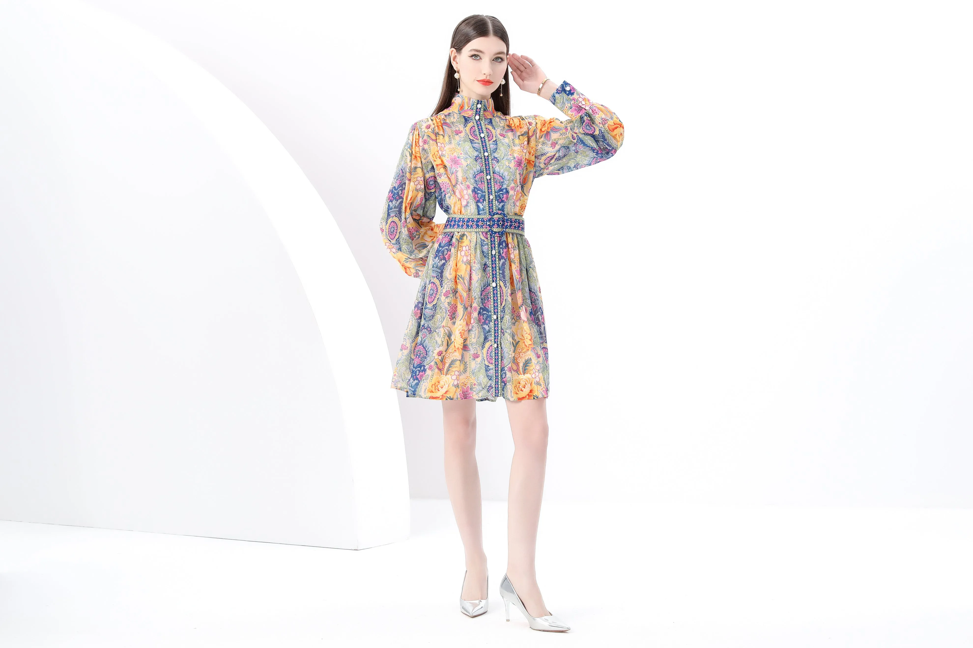 Women's Floral Print Lantern Sleeve Mini Dress